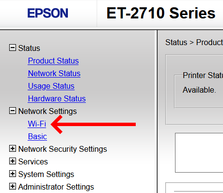 A screenshot of the Epson ET-2710 printer portal navigation. The "Network Settings" section is expanded and there is a large red arrow pointing to the link titled "Wi-Fi"