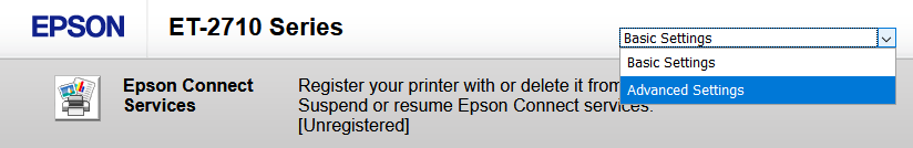 A screenshot of the Epson ET-2710 printer portal. There is a dropdown in the top right that is selected, with the current option being "Basic Settings" and the highlighted option being "Advanced Settings"