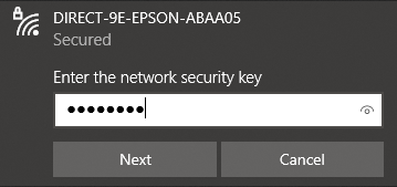 A screenshot of connecting to a wireless network in Windows. The dialog says "Enter the network security key" with a text box below it. There are 8 characters typed into the box, obfuscated as filled circles