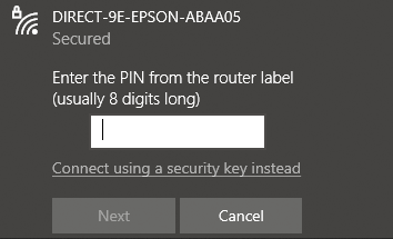 A screenshot of connecting to a wireless network in Windows. The dialog says "Enter the PIN from the router label (usually 8 digits long)" with a text box. Below the text box it says "Connect using a security key instead"