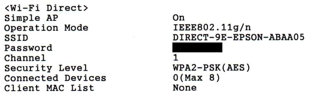 A scan of the Network Status Sheet from an Epson ET-2711. There are a number of details listed, such as SSID (set to "DIRECT-9E-EPSON-ABAA05"), Password (redacted), Security Level and Operation Mode