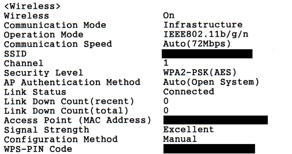 A scan of the Network Status Sheet produced from an Epson ET-2711, specifically the "" section. This shows detailed information on the current wireless connection, with some of the information (such as "SSID", "Access Point (MAC Address)" and "WPS-PIN") redacted